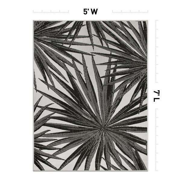 World Rug Gallery Tropical Leaves Nature Inspired Indoor/Outdoor Area Rug 5' x 7' Black - 4030BLACK5X7