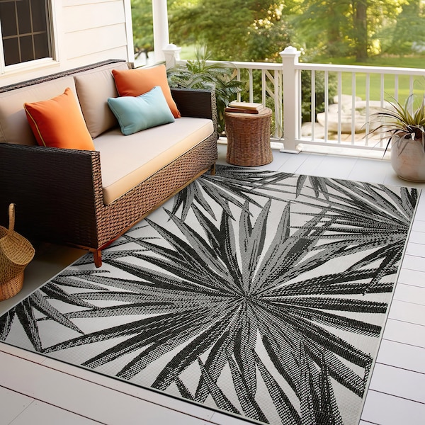 World Rug Gallery Tropical Leaves Nature Inspired Indoor/Outdoor Area Rug 5' x 7' Black - 4030BLACK5X7