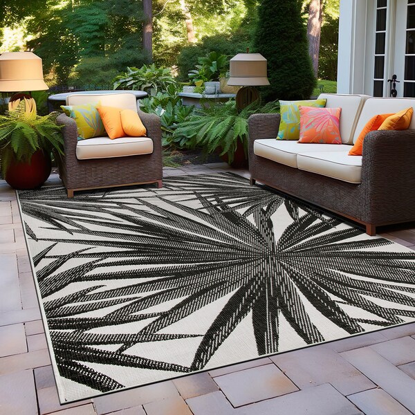 World Rug Gallery Tropical Leaves Nature Inspired Indoor/Outdoor Area Rug 5' x 7' Black - 4030BLACK5X7