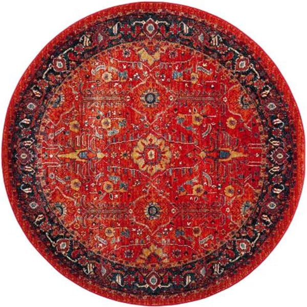Flowers First 6 ft. 7 in. x 6 ft. 7 in. Round Vintage Hamadan Power Loomed Round Rug, Orange & Navy - FL1868192