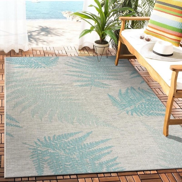 Homeroots 5 x 7 ft. Teal Fern Leaves Indoor & Outdoor Area Rug - 396107