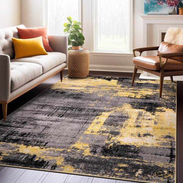 World Rug Gallery Modern Abstract Design Non Shedding Soft Area Rug 5' x 7' Yellow - 402YELLOW5X7