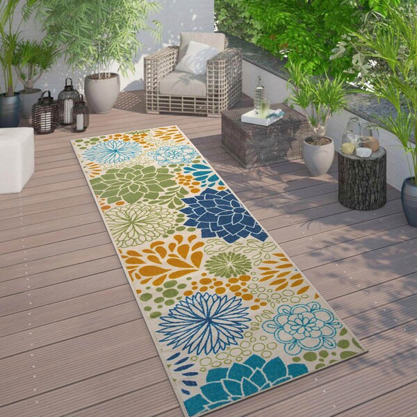 World Rug Gallery Modern Floral Circles Flatweave Indoor/Outdoor Runner Rug 2'x7' Multi - 9015MULTI2X7