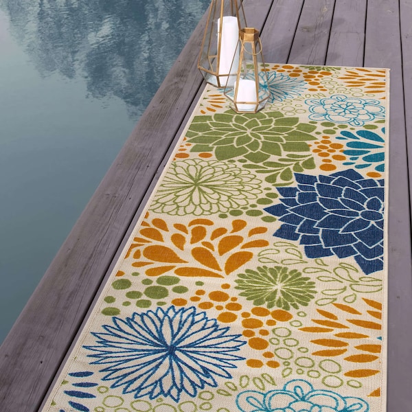 World Rug Gallery Modern Floral Circles Flatweave Indoor/Outdoor Runner Rug 2'x7' Multi - 9015MULTI2X7