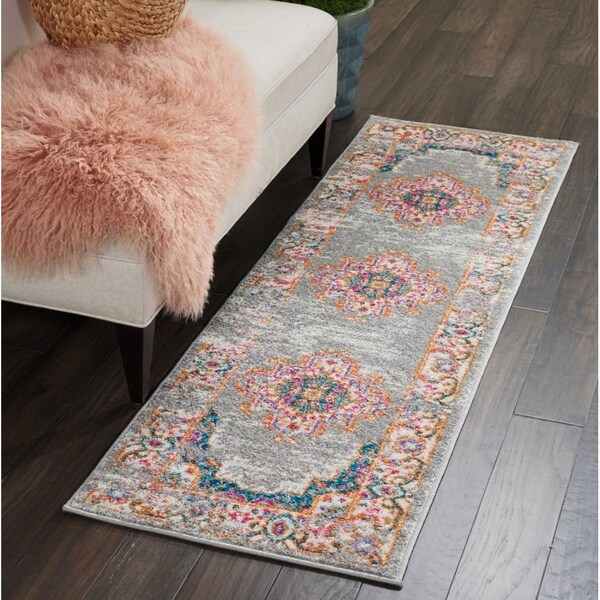 Homeroots 2 x 6 ft. Gray & Gold Medallion Runner Rug - 385315