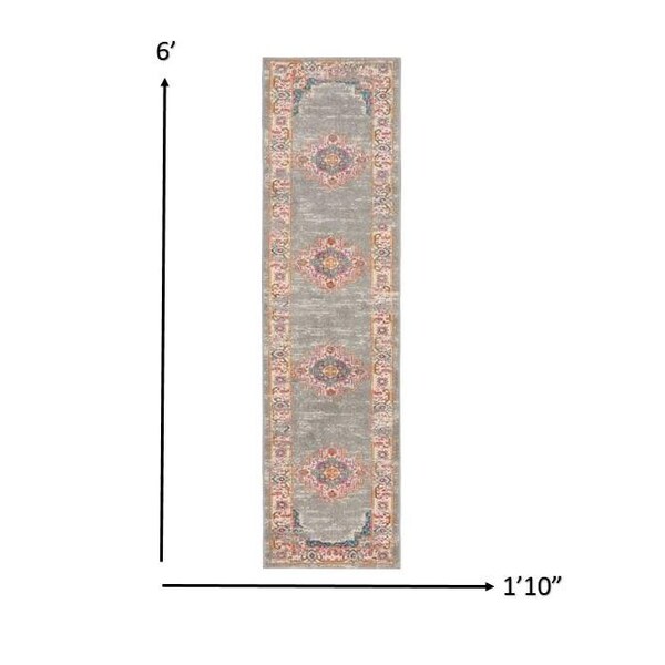 Homeroots 2 x 6 ft. Gray & Gold Medallion Runner Rug - 385315