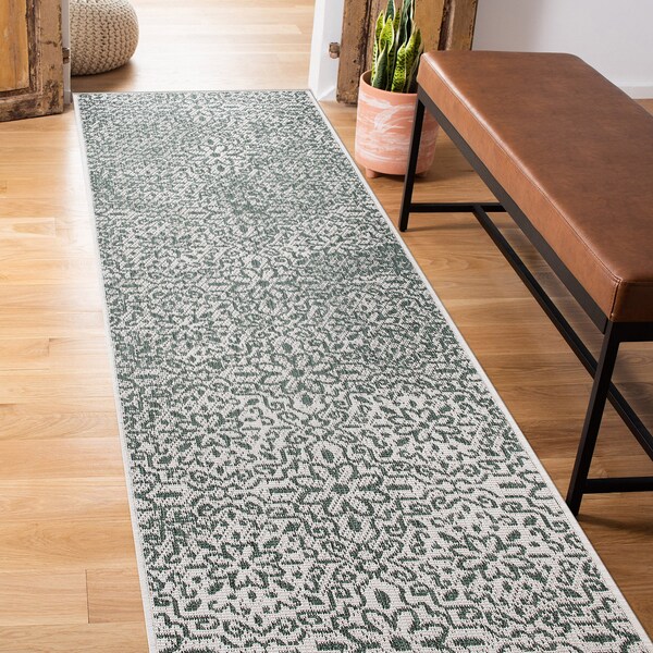World Rug Gallery Contemporary Flowers Weather Resistant Indoor/Outdoor Runner Rug 2' x 7' Green - 4026GREEN2X7
