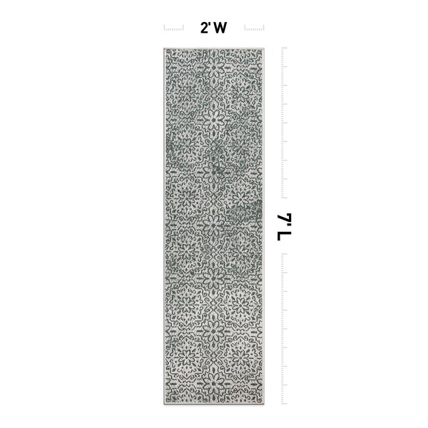 World Rug Gallery Contemporary Flowers Weather Resistant Indoor/Outdoor Runner Rug 2' x 7' Green - 4026GREEN2X7