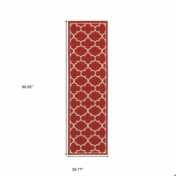 Homeroots 2 x 8 ft. Red & Ivory Trellis Indoor & Outdoor Runner Rug - 388659