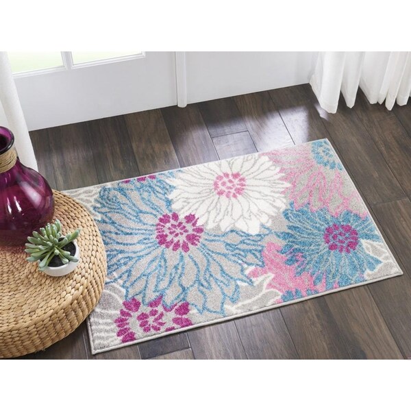Homeroots 2 x 3 ft. Gray & Pink Tropical Flower Scatter Area Rug - 385421
