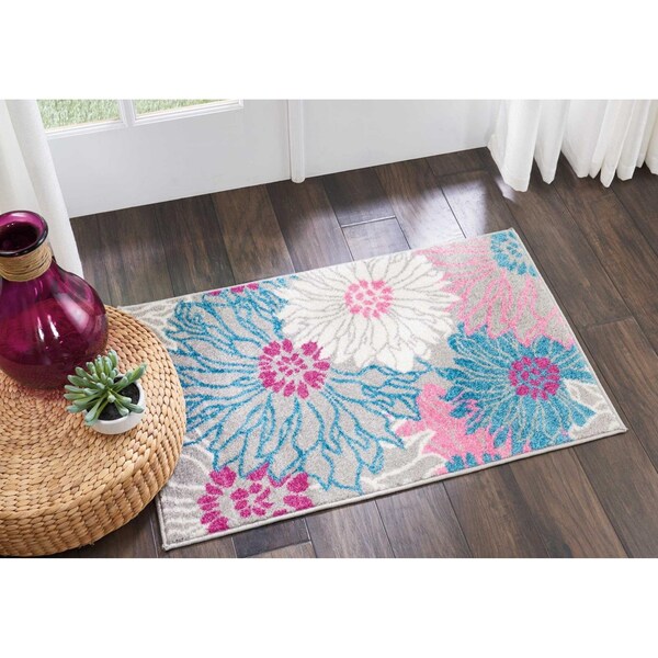 Homeroots 2 x 3 ft. Gray & Pink Tropical Flower Scatter Area Rug - 385421