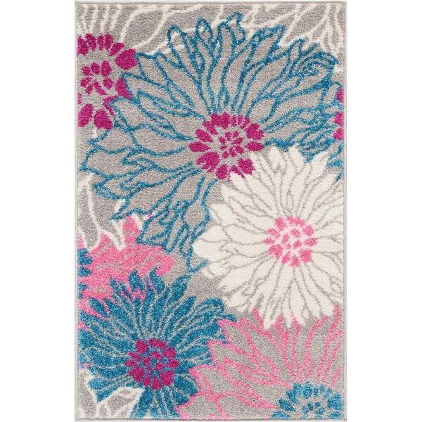 Homeroots 2 x 3 ft. Gray & Pink Tropical Flower Scatter Area Rug - 385421