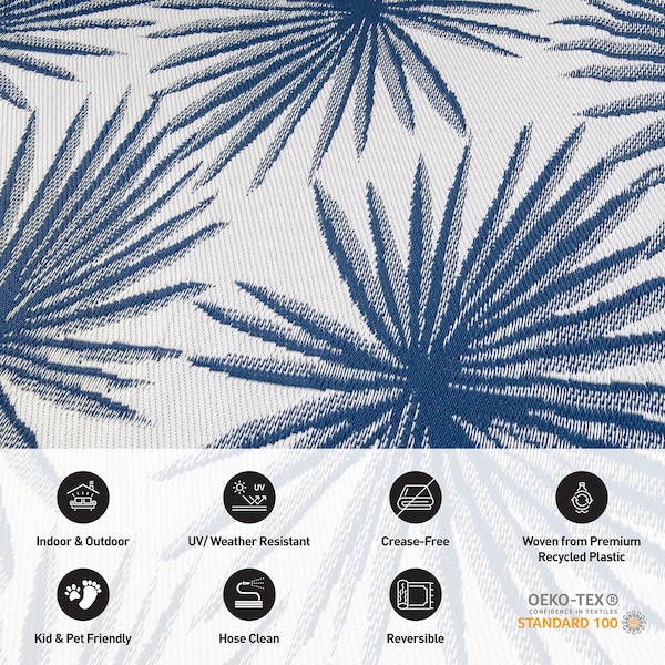 World Rug Gallery Floral Tropical Reversible Recycled Plastic 5' X 7' Navy Outdoor Rug - 6075NAVY5X7