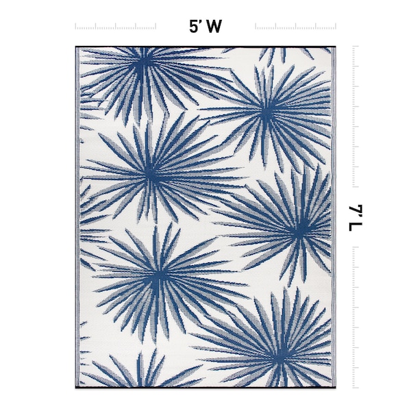 World Rug Gallery Floral Tropical Reversible Recycled Plastic 5' X 7' Navy Outdoor Rug - 6075NAVY5X7