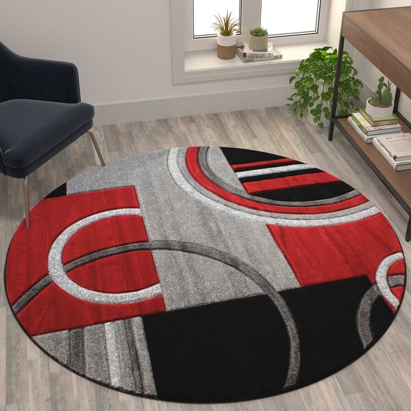 Flash Furniture Red 5' x 5' Geometric Abstract Area Rug - KP-RG953-55-RD-GG