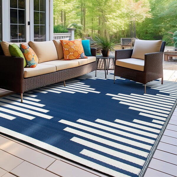 World Rug Gallery Bohemian Stripe Diamond Reversible Recycled Plastic 3' X 5' Navy Outdoor Rug - 6071NAVY3X5