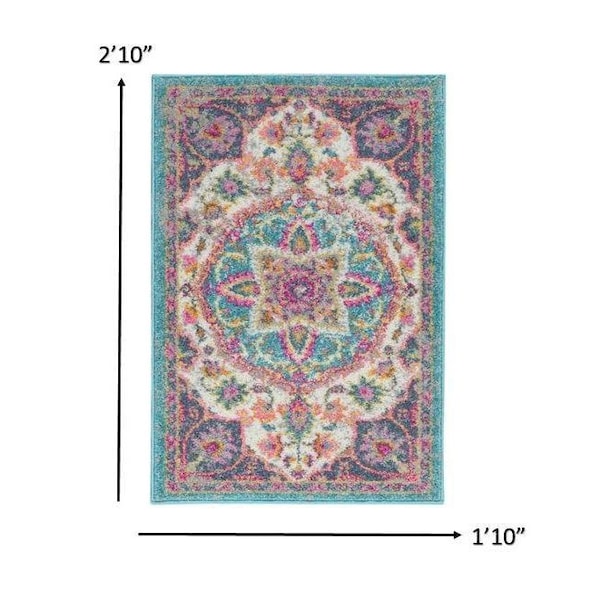 Homeroots 2 x 3 ft. Pink & Blue Floral Medallion Scatter Area Rug - 385526
