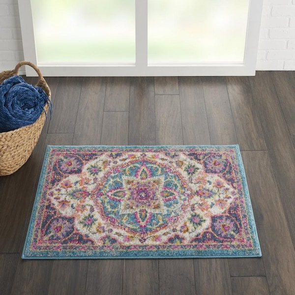 Homeroots 2 x 3 ft. Pink & Blue Floral Medallion Scatter Area Rug - 385526