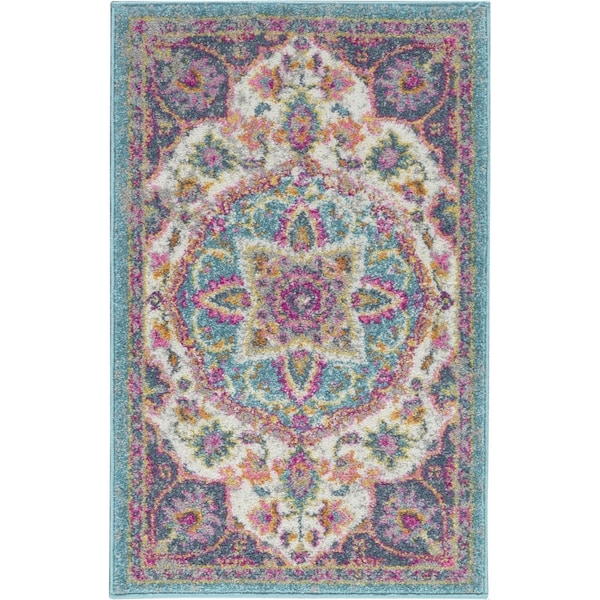 Homeroots 2 x 3 ft. Pink & Blue Floral Medallion Scatter Area Rug - 385526