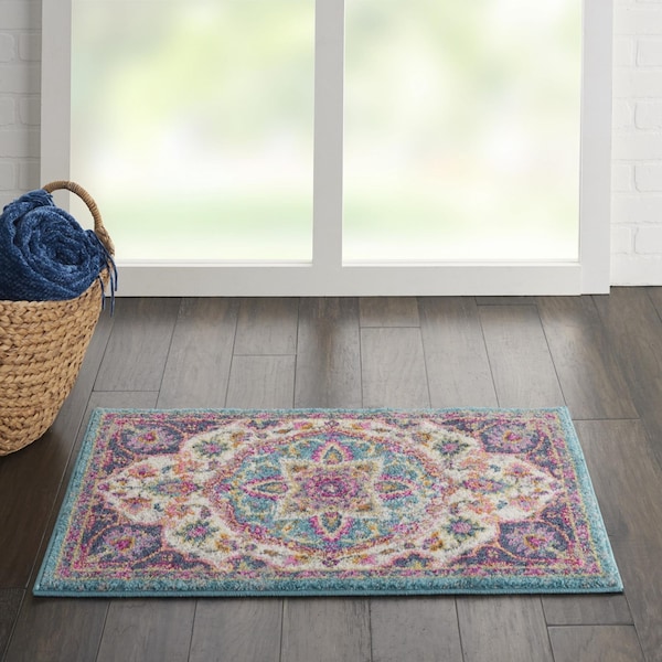 Homeroots 2 x 3 ft. Pink & Blue Floral Medallion Scatter Area Rug - 385526