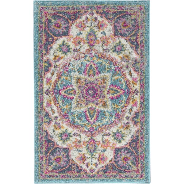 Homeroots 2 x 3 ft. Pink & Blue Floral Medallion Scatter Area Rug - 385526