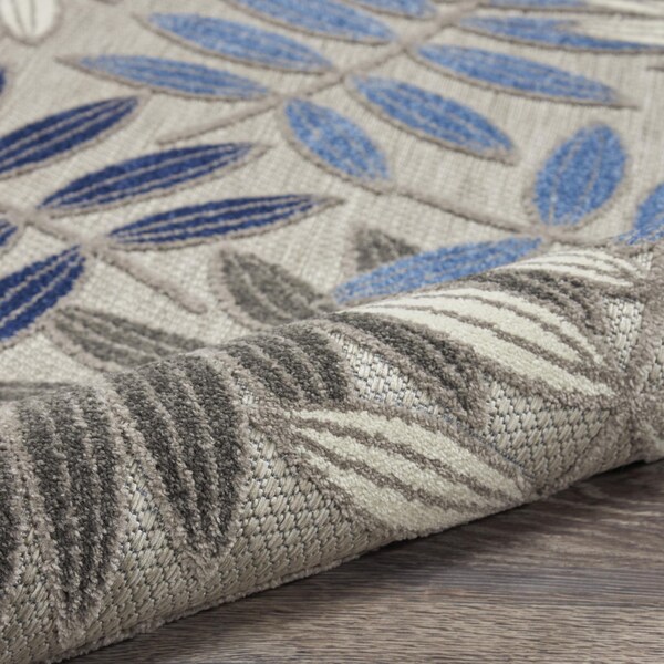 Homeroots 2 x 10 ft. Gray & Blue Leaves Indoor & Outdoor Runner Rug - 384866