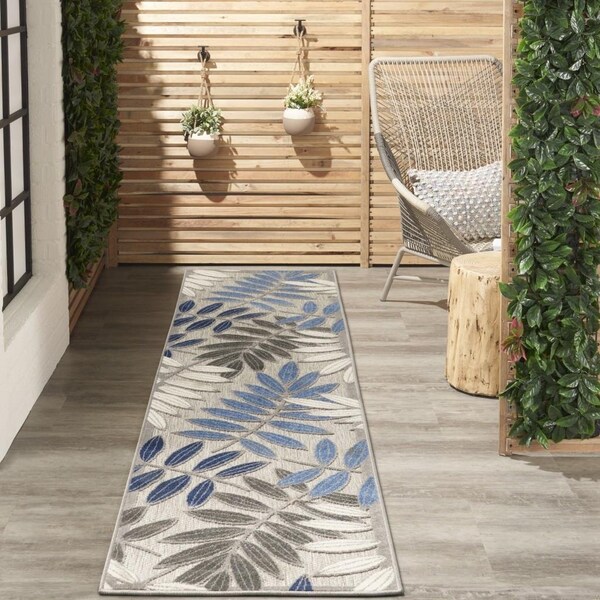 Homeroots 2 x 10 ft. Gray & Blue Leaves Indoor & Outdoor Runner Rug - 384866