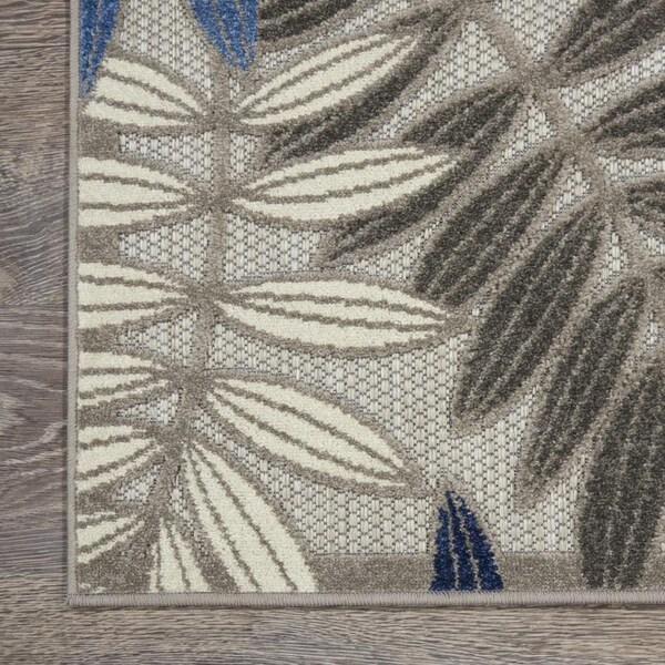 Homeroots 2 x 10 ft. Gray & Blue Leaves Indoor & Outdoor Runner Rug - 384866