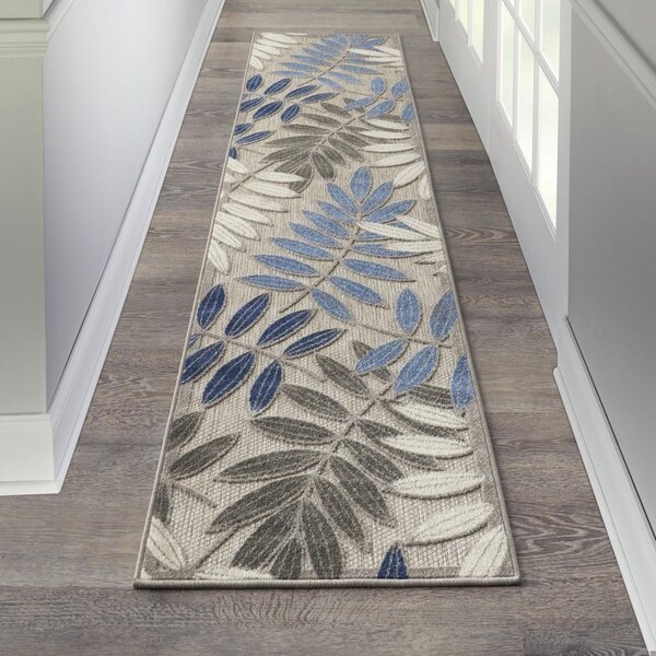 Homeroots 2 x 10 ft. Gray & Blue Leaves Indoor & Outdoor Runner Rug - 384866