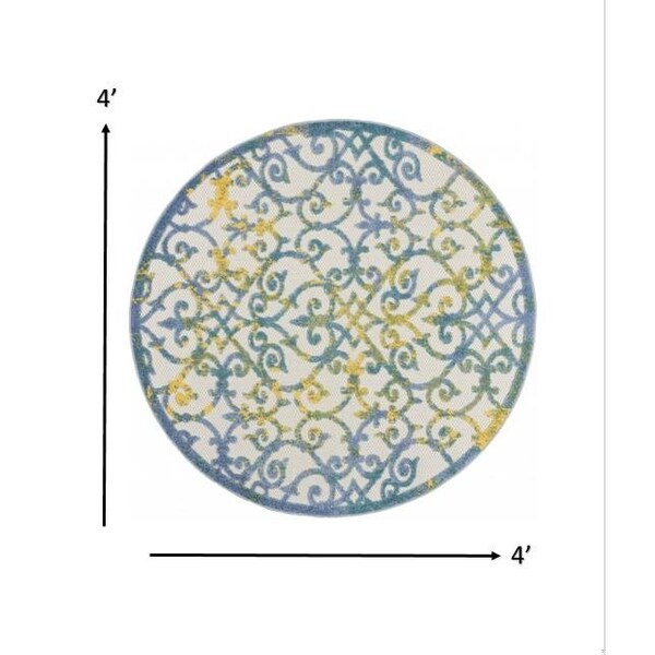 Homeroots 4 ft. Round Ivory & Blue Indoor & Outdoor Area Rug - 385018