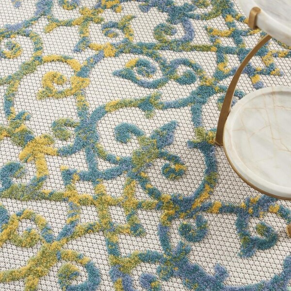 Homeroots 4 ft. Round Ivory & Blue Indoor & Outdoor Area Rug - 385018