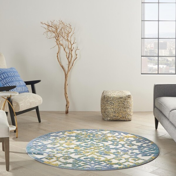 Homeroots 4 ft. Round Ivory & Blue Indoor & Outdoor Area Rug - 385018