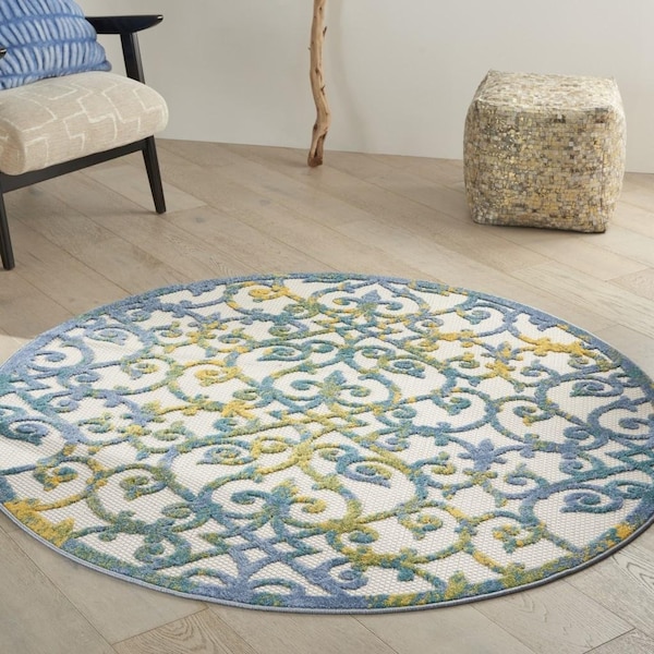 Homeroots 4 ft. Round Ivory & Blue Indoor & Outdoor Area Rug - 385018