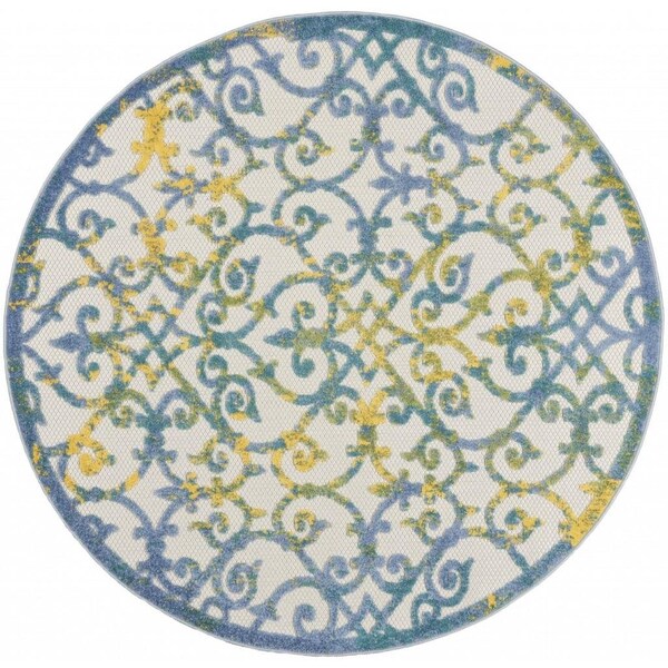 Homeroots 4 ft. Round Ivory & Blue Indoor & Outdoor Area Rug - 385018