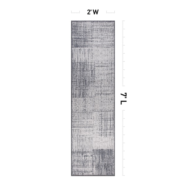 World Rug Gallery Contemporary Distressed Boxes Weather Resistant Indoor/Outdoor Runner Rug 2' x 7' Gray - 4032GRAY2X7