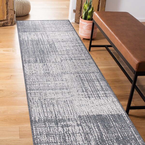 World Rug Gallery Contemporary Distressed Boxes Weather Resistant Indoor/Outdoor Runner Rug 2' x 7' Gray - 4032GRAY2X7
