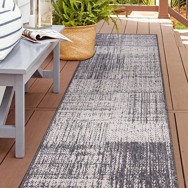 World Rug Gallery Contemporary Distressed Boxes Weather Resistant Indoor/Outdoor Runner Rug 2' x 7' Gray - 4032GRAY2X7