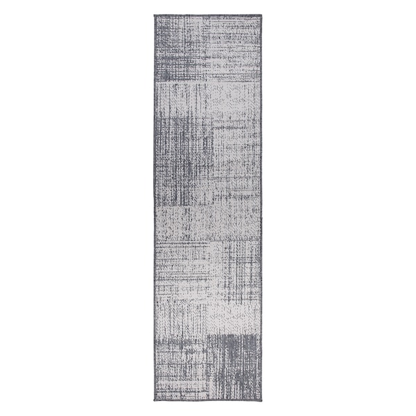 World Rug Gallery Contemporary Distressed Boxes Weather Resistant Indoor/Outdoor Runner Rug 2' x 7' Gray - 4032GRAY2X7