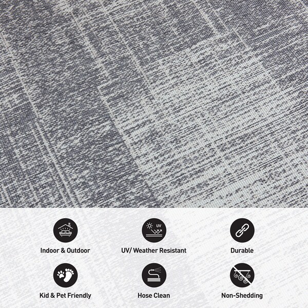 World Rug Gallery Contemporary Distressed Boxes Weather Resistant Indoor/Outdoor Runner Rug 2' x 7' Gray - 4032GRAY2X7