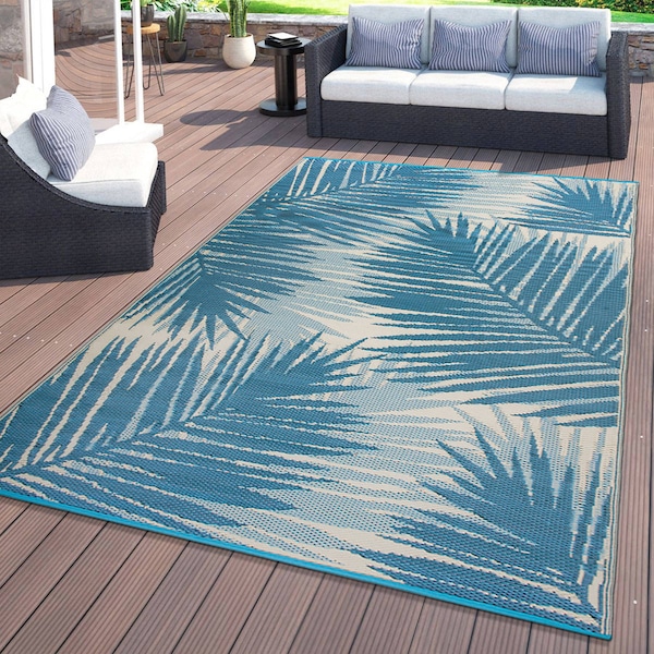 World Rug Gallery Tropical Floral Reversible Plastic 3'x5' Blue Outdoor Rug - 6050BLUE3X5