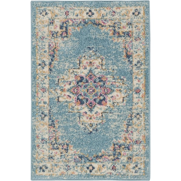 Homeroots 2 x 3 ft. Light Blue Distressed Medallion Scatter Area Rug - 385328
