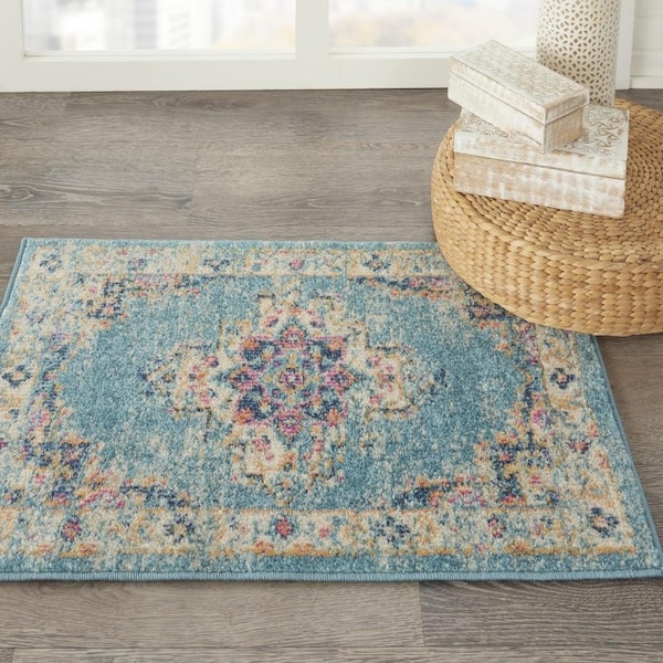 Homeroots 2 x 3 ft. Light Blue Distressed Medallion Scatter Area Rug - 385328