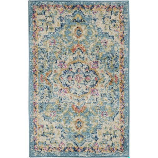 Homeroots 2 x 3 ft. Light Blue & Ivory Distressed Scatter Area Rug - 385577