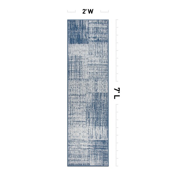 World Rug Gallery Contemporary Distressed Boxes Weather Resistant Indoor/Outdoor Runner Rug 2' x 7' Blue - 4032BLUE2X7