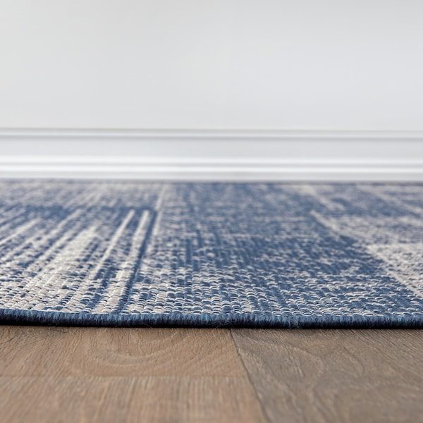 World Rug Gallery Contemporary Distressed Boxes Weather Resistant Indoor/Outdoor Runner Rug 2' x 7' Blue - 4032BLUE2X7