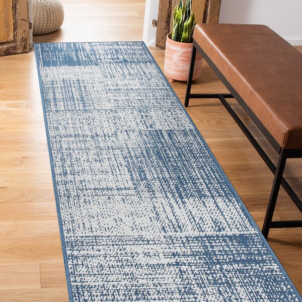 World Rug Gallery Contemporary Distressed Boxes Weather Resistant Indoor/Outdoor Runner Rug 2' x 7' Blue - 4032BLUE2X7