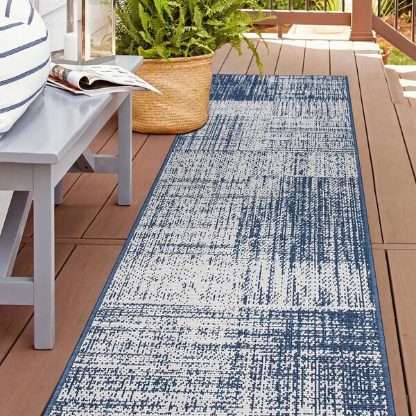 World Rug Gallery Contemporary Distressed Boxes Weather Resistant Indoor/Outdoor Runner Rug 2' x 7' Blue - 4032BLUE2X7
