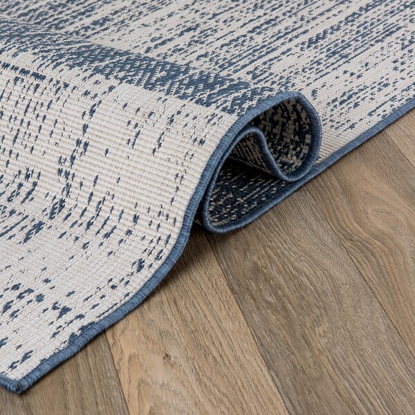 World Rug Gallery Contemporary Distressed Boxes Weather Resistant Indoor/Outdoor Runner Rug 2' x 7' Blue - 4032BLUE2X7