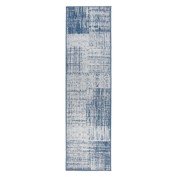 World Rug Gallery Contemporary Distressed Boxes Weather Resistant Indoor/Outdoor Runner Rug 2' x 7' Blue - 4032BLUE2X7