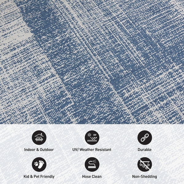 World Rug Gallery Contemporary Distressed Boxes Weather Resistant Indoor/Outdoor Runner Rug 2' x 7' Blue - 4032BLUE2X7